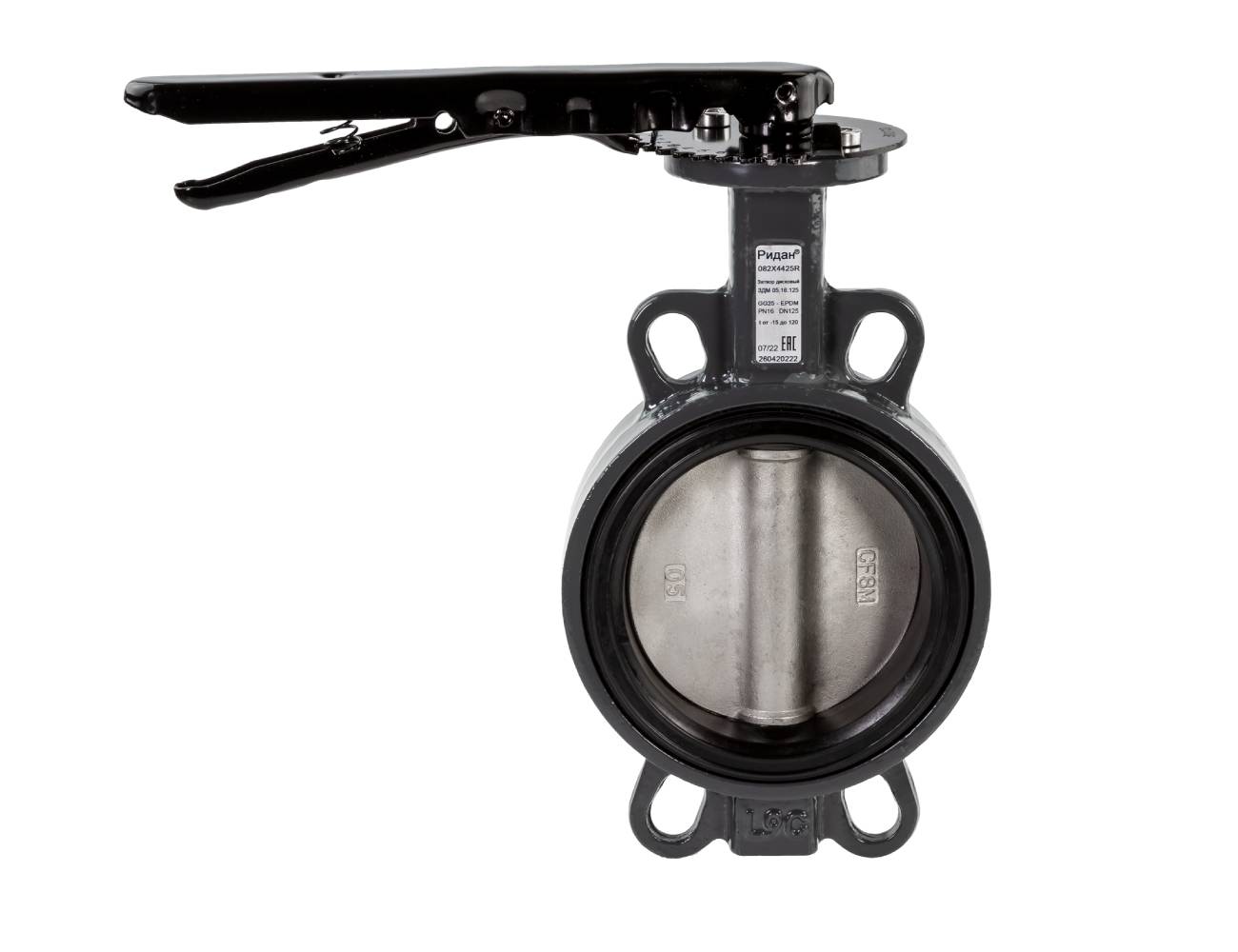 Ридан 082X4904R — Затвор дисковый с центрирующими проушинами ЗДМ PN25 DN100 корпус чугун GGG40; диск чугун GGG40; уплотнение EPDM; рукоятка
