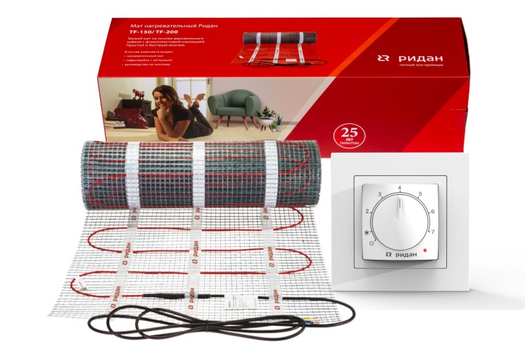 Ridan 21RT1068R — Розничный комплект для теплого пола: нагревательный мат Ridan TF-200 5 м² с терморегулятором Ridan Twist (белый)