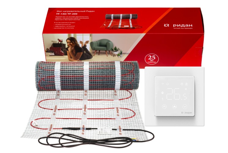 Ridan 21RT1088R — Розничный комплект для теплого пола: нагревательный мат Ridan TF-200 0,5 м² с терморегулятором Ridan Clever (белый)
