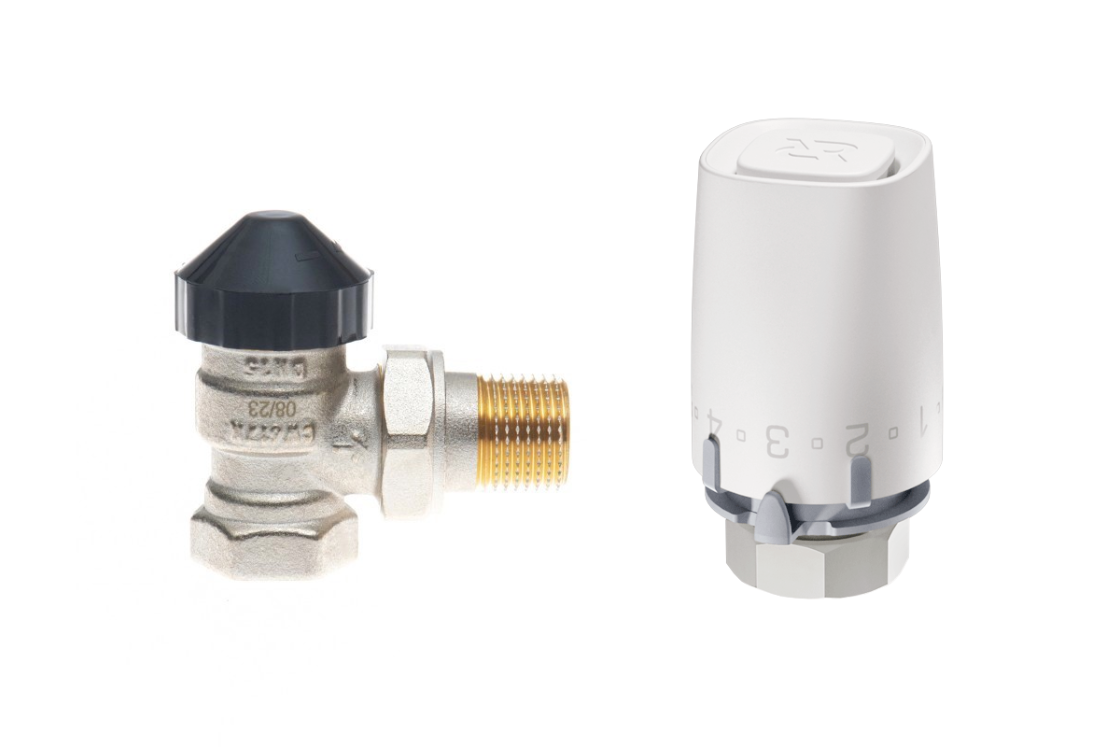 Комплект для двухтрубной системы отопления для радиаторов или конвекторов отопления с боковым подключением: клапан терморегулирующий 013G7013R (Ду15, угловой) + термостатический элемент 003G9001R (присоединение М30х1,5)