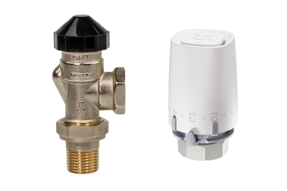 Комплект для двухтрубной системы отопления для радиаторов или конвекторов отопления с боковым подключением: клапан терморегулирующий 013G7048R (Ду15, угловой) + термостатический элемент 003G9001R (присоединение М30х1,5)