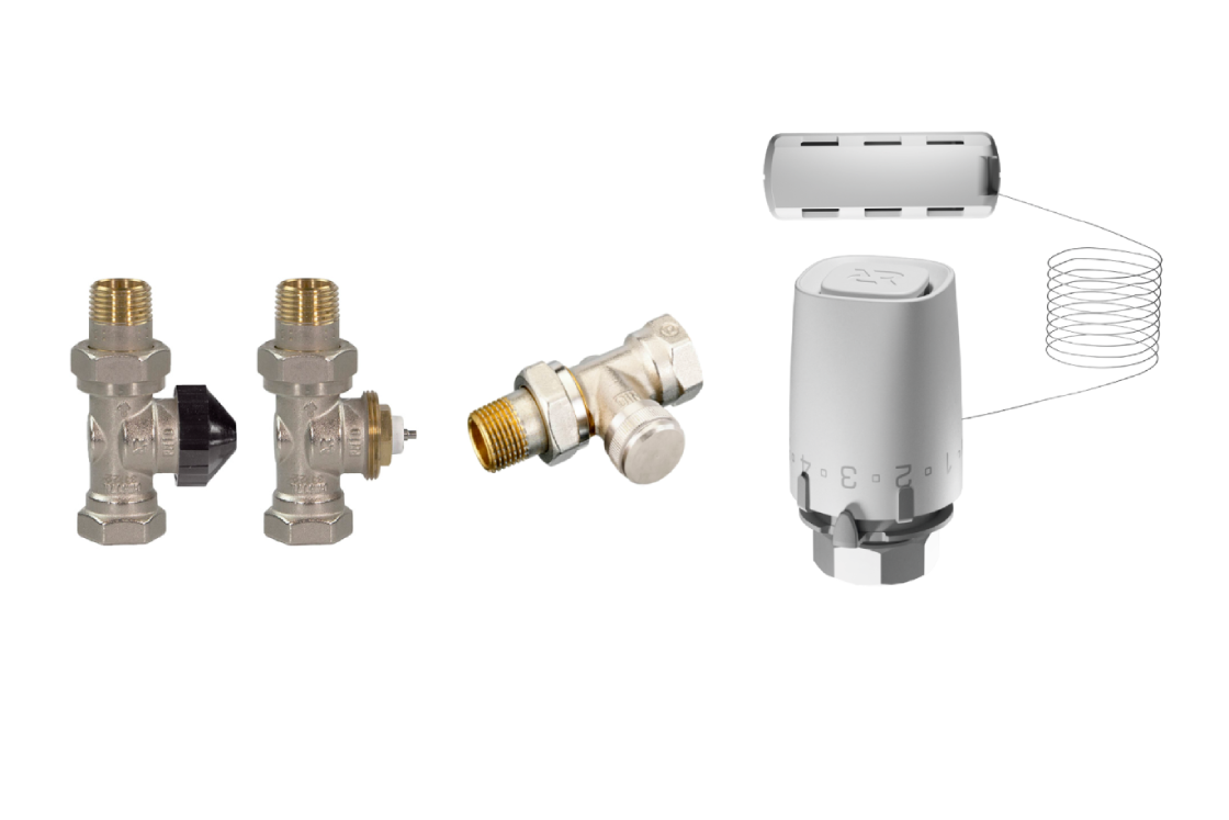 Комплект для двухтрубной системы отопления: клапан терморегулирующий 013G7016R + клапан запорный угловой 003L0146R + термостатический элемент с выносным датчиком температуры 003G9006R (присоединение М30х1,5)