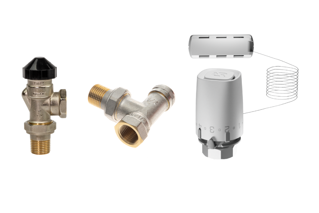 Комплект для двухтрубной системы отопления для радиаторов или конвекторов отопления с боковым подключением: клапан терморегулирующий 013G7048R (Ду15, угловой) + клапан запорный 003L0143R (Ду15, угловой) + термостатический элемент с выносным датчиком темпе